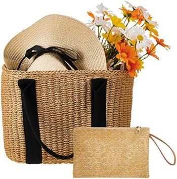 2 Pcs Summer Straw Bags Clutch Purse Set, Large Beach Bag Handwoven Straw Beach Tote Handbags Small Wristlet Purses for Women Bohemian Wristlet Wallet with Zipper, Khaki