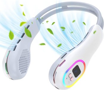 Neck Fan, Hands Free Bladeless Fan, 360° Cooling Personal Fan, Small Wearable Quiet Fan for Outdoor Indoor, LED7 color light function, 3600mAh Battery USB Rechargeable, 3-Speeds Women Men (white)