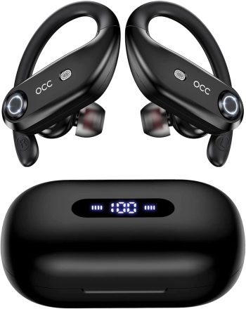 occiam Wireless Earbuds Bluetooth Headphones 130H Playback 4 Mics Clear Call Waterproof 2200mAh Wireless Charging Case in-Ear Ear Buds Earphones with Earhooks for Sports Running Workout Black