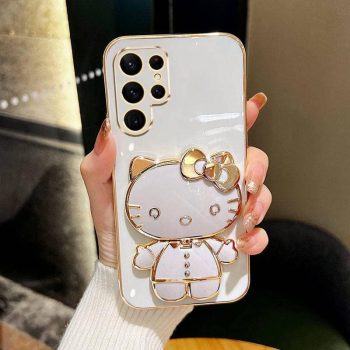 Fancy Kitty Phone Case for Samsung S23 Ultra, 6D Plating MIUMIU with Kickstand Design, Makeup Mirror case, Luxury Girly Case for Woman,Full Camera Coverage,Glossy, Hands-Free (White)