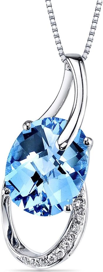 Peora 3 Carats Swiss Blue Topaz and Diamond Pendant for Women 14K White Gold Pendant, Genuine Gemstone, Oval Shape 10x8mm