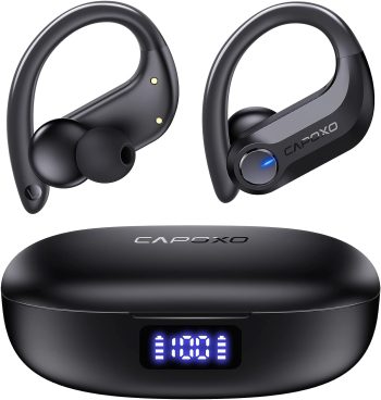 CAPOXO Bluetooth Headphones Wireless Earbuds 120Hrs Playtime IPX7 Waterproof Sports Earphones 2600mAh Wireless Charging Case Headset with Over-Ear Earhooks LED Power Display Mics for Workout Black