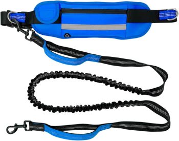 Hands Free Dog Leash Retractable Shock Absorbing Bungee Leash with Dual Padded Handles for Medium and Large Dogs Running Training Walking, Adjustable Waist Belt Dog Harness with Reflective Stripe