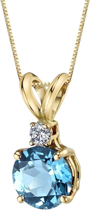 Peora Swiss Blue Topaz with Genuine Diamond Pendant in 14K Yellow Gold, Elegant Solitaire, Round Shape, 6.50mm, 1.30 Carats total