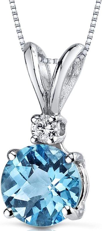 Peora Swiss Blue Topaz with Genuine Diamond Pendant in 14K White Gold, Elegant Solitaire, Round Shape, 6.50mm, 1.30 Carats total