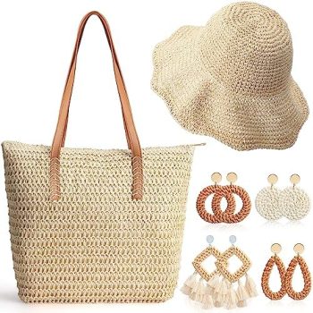 Sweetude 6 Pcs Womens Straw Tote Bag Summer Straw Beach Bag Wide Brim Straw Sun Hats Bohemian Woven Earrings for Girls