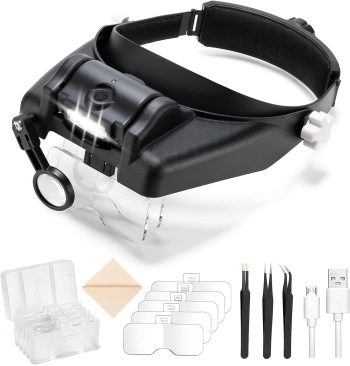 Headband Magnifying Glasses with Light for Close Work, 1X to 14X Rechargeable Magnifier Hands Free Jewelers Loupe Magnifying Visor with 5 Lenses and a Precision Tweezers for Crafts Hobby (Black)