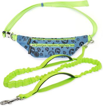 Thankspaw Hands Free Dog Leash with Zipper Pouch for Running Training Walking, Durable Bungee Dog Waist Leash for Medium and Large Dogs, Adjustable Waist Belt, Dual Padded Handles, Reflective Stitches