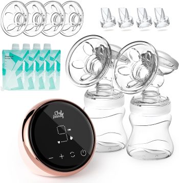 Electric Breast Pump, Portable Breast Pump with 2 Modes 9 Levels, Double Electric Breast Pump with 24mm 27mm Massage Flanges, Strong Suction hands free breast pump, come with 4 Breastmilk Storage Bags