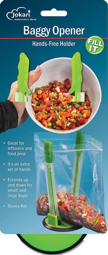 Original Jokari Adjustable Baggy Rack Stand 1 Pack. Prop Plastic Ziploc Freezer Storage Bags Open Hands-Free To Pour Leftovers, Snacks and Meal Prep Ingredients With No Food Spills or Kitchen Mess.