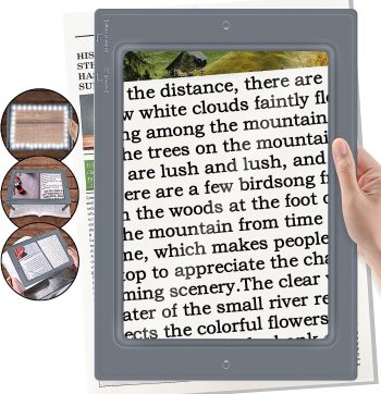 Upgrade Hands-Free 4X Magnifying Glass – JUOIFIP Large Acrylic Lens Magnifier Full Page Rectangular Magnifier 50 LED Lighted Illuminated Foldable Desktop Portable for Elder (Grey)