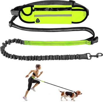 XLSFPY Hands Free Dog Leash with Dual Padded Handles and Zipper Pouch, Adjustable Waist Belt for Medium and Small Dogs,Retractable Bungee Leash for Walking, Running and Hiking Biking (Green)