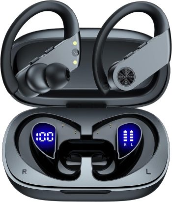 Bluetooth Headphones Wireless Earbuds 90H Playtime with 2200mAh Charging Case Dual Power Display Ear Buds Waterproof Over Ear Earphones with Earhooks for Sport Workout Laptop TV Computer Phone Black