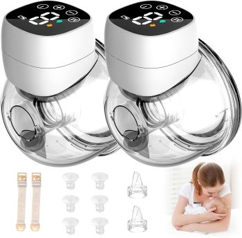 Akaho Wearable Breast Pump, Low-Noise and Painless Hands Free Electric Breast Pump with 3 Mode & 9 Levels, 24mm Default and Come with 6 Flanges (White-Double)