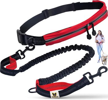 Hundefreund Hands Free Dog Leash for Running Walking Hiking for Medium and Large Dogs (30-150 lbs) with Adjustable Waist Belt, Zipper Pouch, Reflective Retractable Bungee, Dual Handles Red