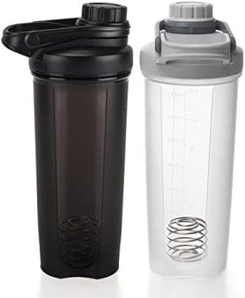 EYMPEU 2 Pack 24oz Shaker Bottle Work Out BPA & Phthalate-free, Leakproof Shaker Cup. Solid Screw lid Cup Bottles Dishwasher Safe for Protein Mixes, Clear/Black