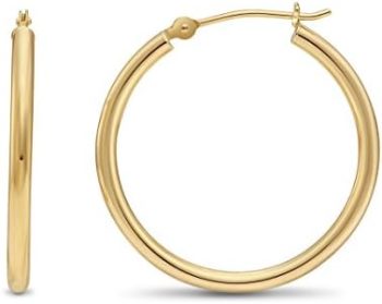 14k Yellow Gold Classic Shiny Polished Round Hoop Earrings, 2mm tube