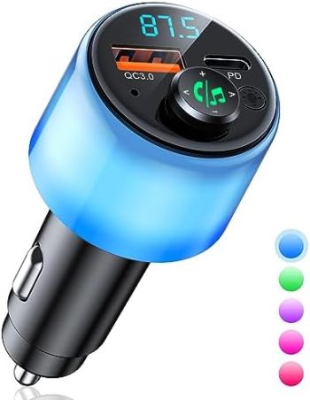 RIWUSI Bluetooth 5.3 FM Transmitter for Car, [All-Over Glow] PD 30W+QC 3.0 Dual-Port Fast Car Charger, Wireless FM Radio Bluetooth Car Adapter with Hands-Free Calling, Hi-Fi Music Player/Car Kit