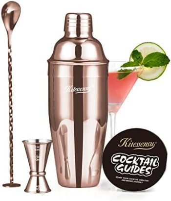 KITESSENSU Cocktail Shaker Set, Stainless Steel Bartending Kit with 25 Ounce Cocktail Shaker with Built in Drink Strainer, Measuring Jigger, Mixing Spoon & Drink Recipe Guide, Rose Gold