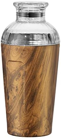 Oggi Groove Insulated Cocktail Shaker-17oz Double Wall Vacuum Insulated Stainless Steel Shaker, Tritan Lid has Built In Strainer, Cocktail Mixer, Martini Shaker, Margarita Shaker, Wood Grain (7406.)