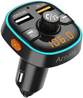 Arsvita Bluetooth FM Transmitter for Car, Radio Receiver / Audio Adapter with Dual Car Charger, Support QC3.0 Quick Charging, Hands-Free Calling and Hi-Fi Sound Playback, Black