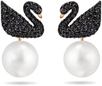 SWAROVSKI Iconic Swan Necklace and Earrings Collection, Rose Gold Tone Finish, Black Crystals