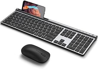 Wireless Keyboard and Mouse Combo, CHESONA Bluetooth Rechargeable Full Size Multi-Device (Bluetooth 5.0+3.0+2.4G) Wireless Keyboard Mouse Combo for Mac OS/iOS/Windows/Android (Silver Black)