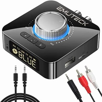 EMUTECK Bluetooth 5.0 Audio Adapter, 5-in-1 Wireless Transmitter Receiver for Car TV CD PC Home Stereo, USB to AUX 3.5mm RCA Receiver, Micro SD Card MP3 Player Transmitter for Headphones Speaker