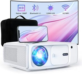 Febfoxs Projector with WiFi and Bluetooth – 12000LUX 400 ANSI Lm Native 1080P Portable Projector with Bag, FHD Movie Projector, Supports 4K & Zoom, Compatible w/Phone/PC/DVD/PS5