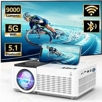 TMY 5G WiFi Projector with Bluetooth 5.1, 9000 Lumens HD Movie Projector, 1080P Supported Mini Projector, Portable Outdoor Projector, Compatible with TV Stick, Phone, Computer, HDMI, USB, AV, TF