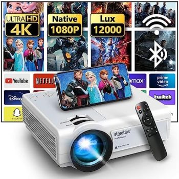 Staratlas 4K Projector with WiFi and Bluetooth, 12000 lumens Portable Native 1080P Mini Projector for iPhone, 5G Outdoor Short Throw Movie Projectors for Home Cinema,HDMI,USB,VGA Supported