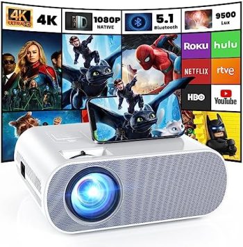 HOMPOW Projector, Native 1080P Full HD Bluetooth Projector with Speaker, 9500 Lumens Outdoor Portable Movie Mini Projector Compatible with Laptop, Smartphone, TV Stick, Xbox, PS5