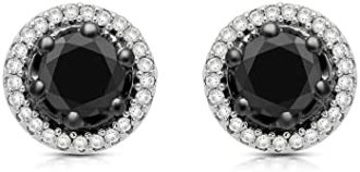 Jewelili Sterling Silver 1 Cttw Treated Black and Natural White Round Diamonds Halo Stud Earrings