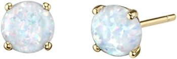 Peora 14K Yellow Gold Created White Fire Opal Stud Earrings for Women, Hypoallergenic Solitaire Round Shape, 6mm, 1 Carat total, October Birthstone, Friction Back