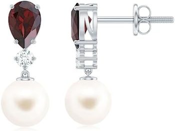 Garnet Drop Earrings with Cultured Pearl for Women, Bridal Wedding Jewelry for Her