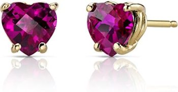 Peora Created Ruby Heart Stud Earrings for Women in 14 Karat Yellow Gold, Classic Solitaire Studs, 6mm, 2 Carats total, Friction Back