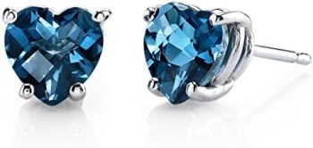 Peora Solid 14K White Gold London Blue Topaz Heart Stud Earrings for Women, Genuine Gemstone Birthstone Solitaire Studs, 6mm, 2 Carats total, Friction Back