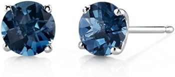 Peora Solid 14K White Gold London Blue Topaz Stud Earrings for Women, Genuine Gemstone Birthstone Solitaire Round Shape, 6mm, 2 Carats total, Friction Back