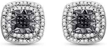 Jewelili 1/4 CTTW Diamond Stud Earrings in Sterling Silver. Choose from Heart, Cushion, or Round shape and Black, Blue, or White Diamonds.