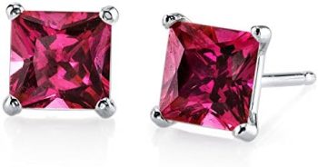 Peora Solid 14K White Gold Created Ruby Stud Earrings for Women, Classic Solitaire Princess Cut, 6mm, 3 Carats total, Friction Back