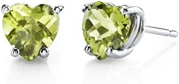 Peora Solid 14K White Gold Peridot Heart Stud Earrings for Women, Genuine Gemstone Birthstone Solitaire Studs, 6mm, 1.75 Carats total, Friction Back