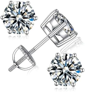 LOVEBHATIA Moissanite Earrings For Women, Lab Created Diamond Studs For Men, 925 Sterling Silver 18k White Gold-Plated Screw Back Round Cut D Color Vvs1 Clarity Diamond Stud Earings