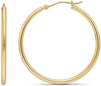 14k Yellow Gold Classic Shiny Polished Round Hoop Earrings, 2mm tube