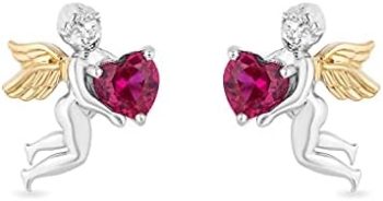 Jewelili Hallmark Fine Jewelry Sterling Silver and 14K Yellow Gold with 4mm Heart Shape Created Red Ruby Cupids Earrings