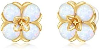 14K Solid Gold White Opal Earrings for Women Gold Opal Flower Earrings Opal Earrings for Gifts 9mm