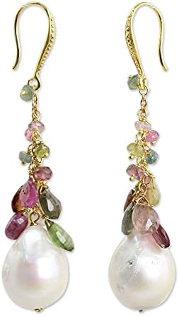 NOVICA Artisan Handmade Gold Plated Cultured Freshwater Pearl Tourmaline Earrings Multicolor on White Dangle Thailand Birthstone ‘Thai Vineyard’