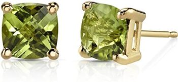 Peora Peridot Stud Earrings for Women in 14 Karat Yellow Gold, Classic Solitaire, Cushion Cut 6mm, 2.25 Carats total, Friction Back