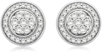 Jewelili Sterling Silver 1/2 Cttw Round Natural Diamond Cluster Stud Earrings