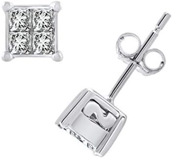 1/10 to 3/4 Carat Invisible Set Princess Cut Diamond Stud Earrings in 10K Gold or 950 Platinum