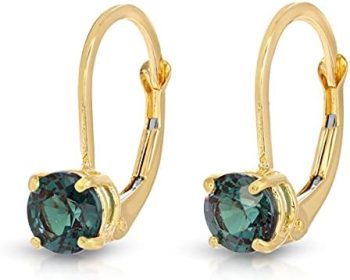 Galaxy Gold GG 14K Solid Gold Lever Back Earrings with Round Shape Genuine Brilliant Cut Lab. Grown Alexandrite (Grade AAA)